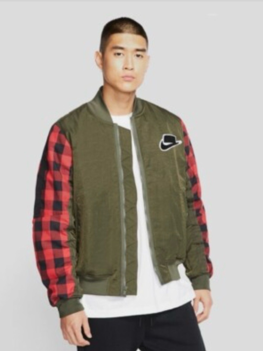 Nike Olive Green Bomber Jacket with Red Plaid Sleeves